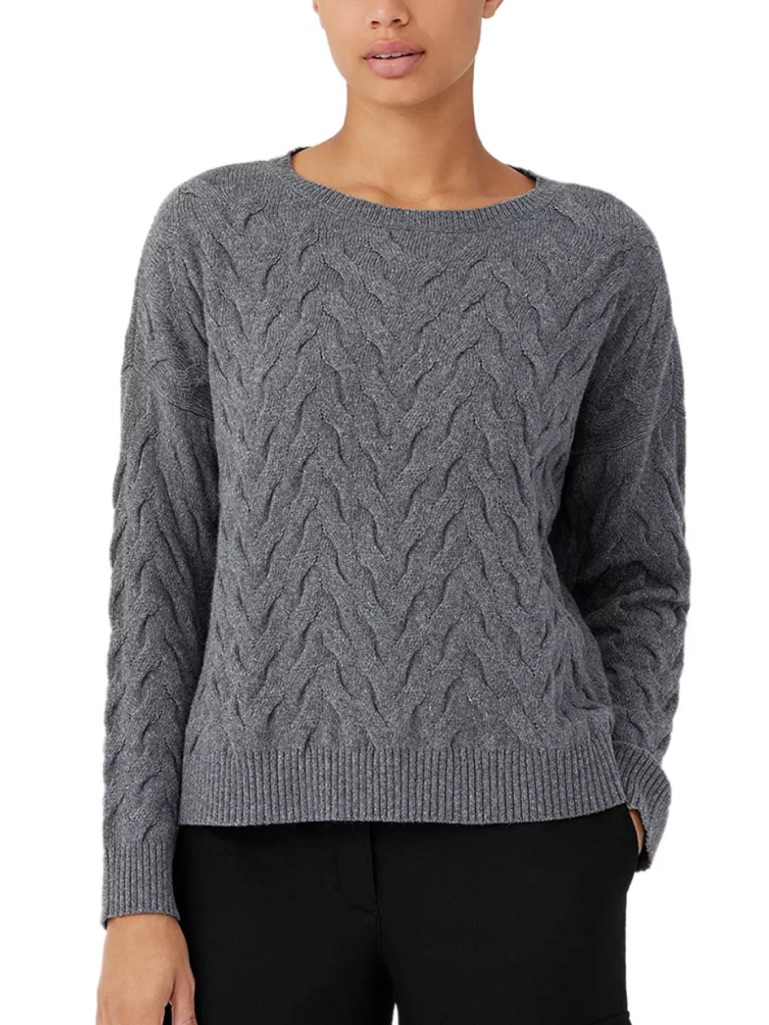 Eileen Fisher Gray Cashmere Blend Long Sleeve Boxy Style Cable Knit Sweater Xxs